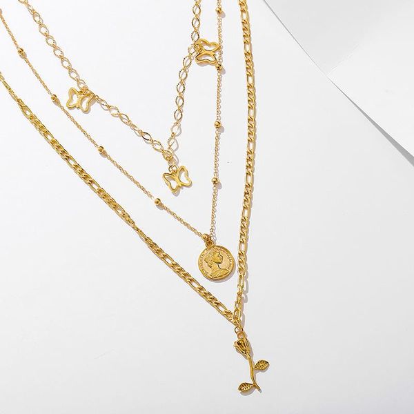 

pendant necklaces charm gold rose flower round head portrait disc multilayer chain butterfly necklace jewelry for women female, Silver