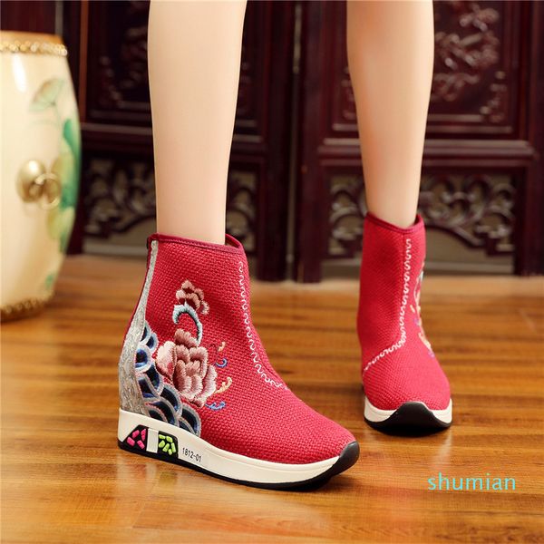 

chinese style embroidered platform boots wedge ankle boots for women autumn retro casual comfort woman boots shoes platform shoes, Black
