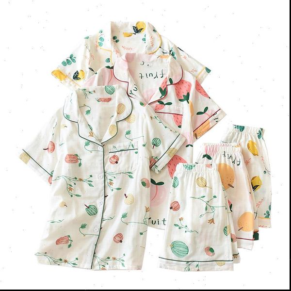 

cartoon fruits printed japanese womens sleepwears style pajamas set turn down collar short sleeve shorts ladies sleepwea 2pcs homewear, Black;red
