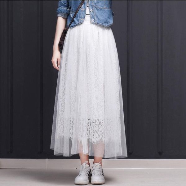 

skirts black white tulle skirt with lace korean cute women elastic high waist long