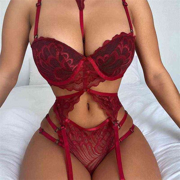

nxy setaduloty women' erotic underwear underwire padded hanging neck bra set red temptation garter belt thong lingerie suit 1127, Red;black