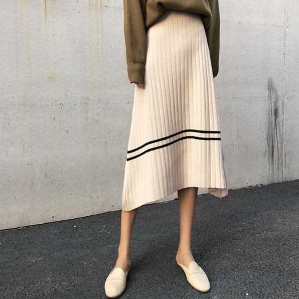 

skirts spring autumn fashion knitted pleated skirt female loose casual mid-length women a-line warm winter s z9vf, Black