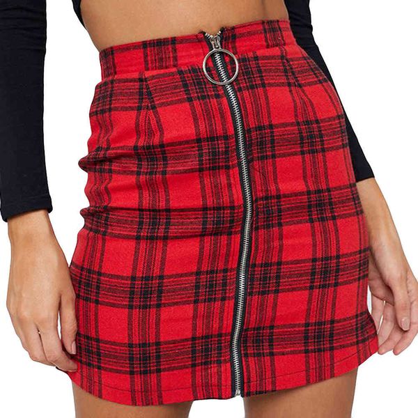 Frau Plaid Rock Intellektuelle Sexy Metall Ring Reißverschluss Tasche Hüfte Enge Büro Dame Mädchen Bleistift Reich Plaid Hüfte Röcke #YJ X0428