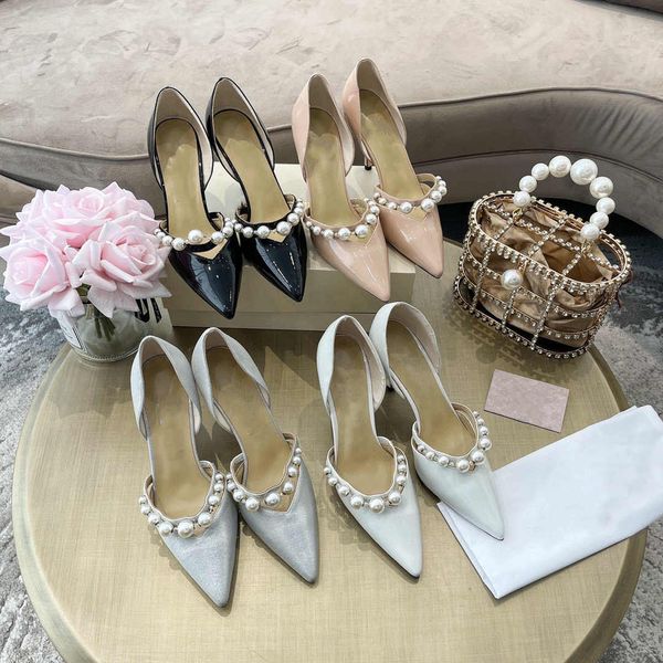 

2021 summer genuine leather fashion women sandals pointed-toe female high-heeled buckle pearl party shoes brand, Black