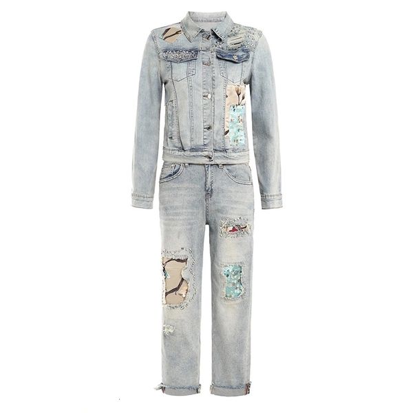 

women's two piece pants european and american high-quality retro denim pants suit with ripped rivets ei0u, White