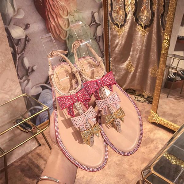 

women sandals flat 2021 bowtie sandalias mujer verano brand shoes open toe crystal sandalia feminina, Black