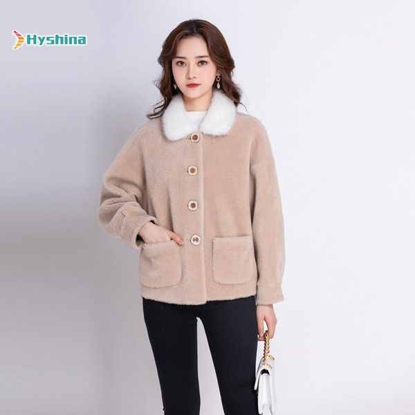

women's fur & faux granular sheep shearer coat short fall / winter 2021 mink collar integrated, Black