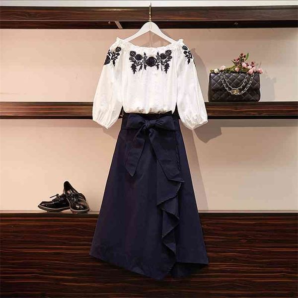 

summer autumn women retro style floral sleeves shirts + irregular skirt 2 pcs sets fashion female suits a1250 210519, White