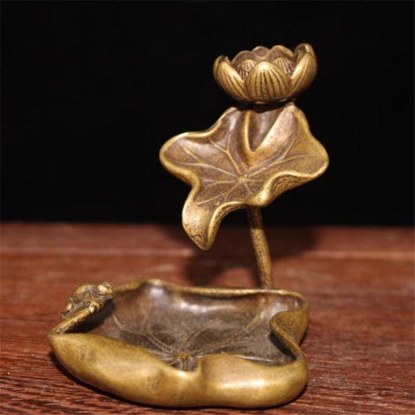 Scultura in bronzo antico in rame arte loto rana riflusso profumato piccolo ornamento cerimonia del tè animale domestico in rame