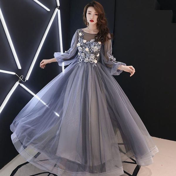 

beauty-emily full appliques evening dresses beads flowers beautiful formal party blue gray sleeve long prom gown, White;black