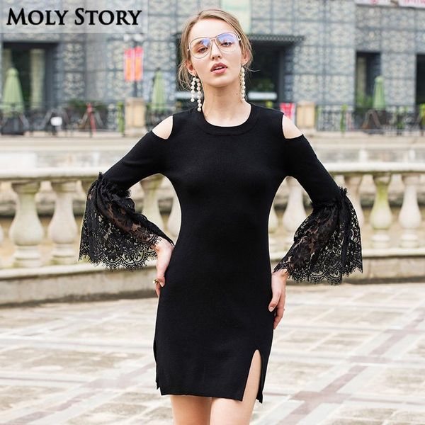 

casual dresses super slim lace knitted dress elegant flare sleeve off the shoulder slit robe femme ladies work wear soft fabric, Black;gray