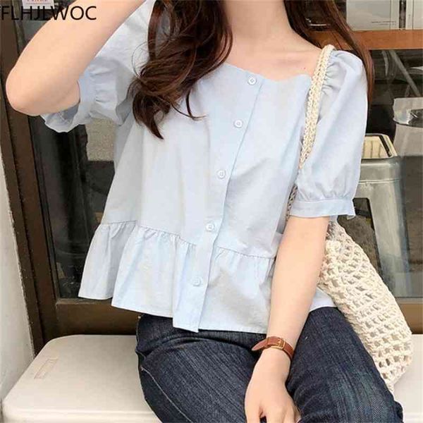 

women's blouses & shirts cute short peplum summer doll girls women single breasted korean fashion clothing design preppy lolit, White