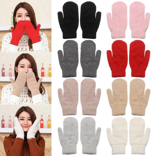 

five fingers gloves winter women double-layer hair full finger korean version solid color girls mittens outdoor thicken warm, Blue;gray