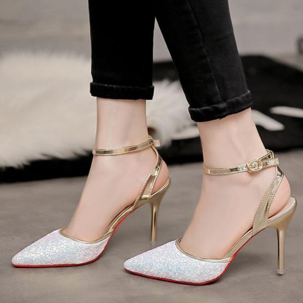 

sandals fashion baotou high-heeled women2021spring and summer pointed sequin stiletto buckle single shoes women, Black
