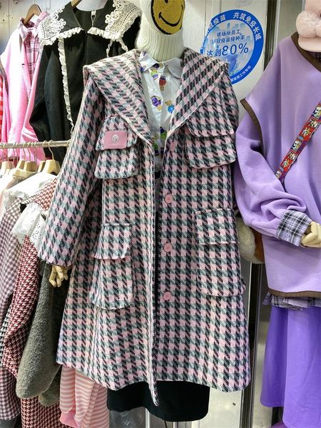 

women's wool & blends coat in strict style 2021 plaid lapel single breasted casual sweet woolen lady high fashion streetwear loose long, Black