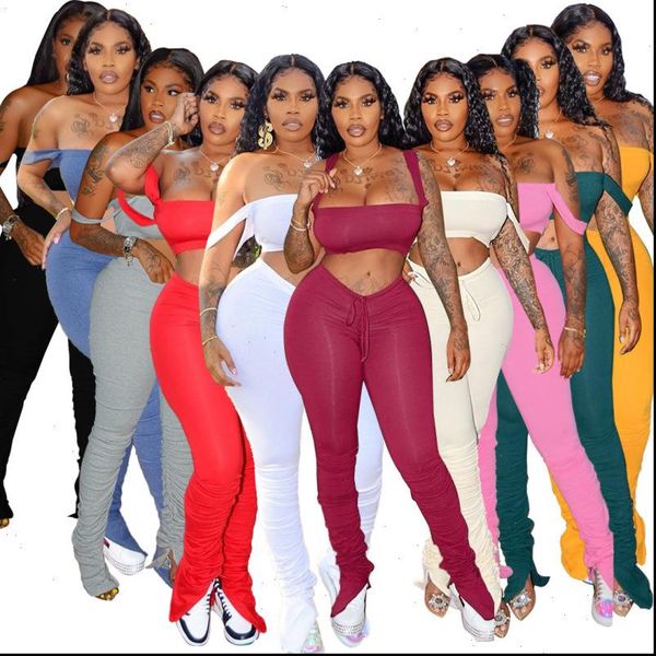 

2 womens tracksuits pieces women set stacked pants fashion summer outfit crop long two piece club 10 color, Gray