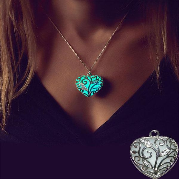 

pendant necklaces 2021 silver color luminous hollow heart necklace vintage glow in the dark for women men jewelry gifts