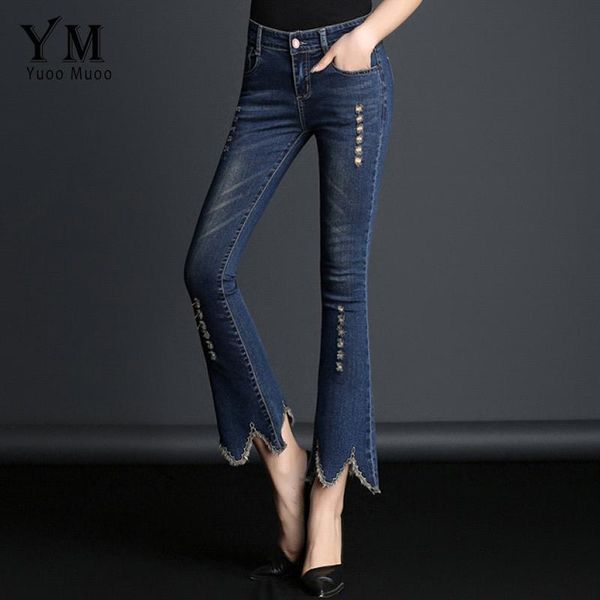 

women's jeans yuoomuoo high street fashion woman spring ankle-length denim pants washed slim asymmetrical flare femme, Blue