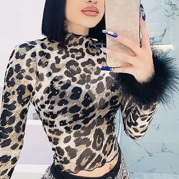 

women's t-shirt fashion short navel leopard print long sleeve, White