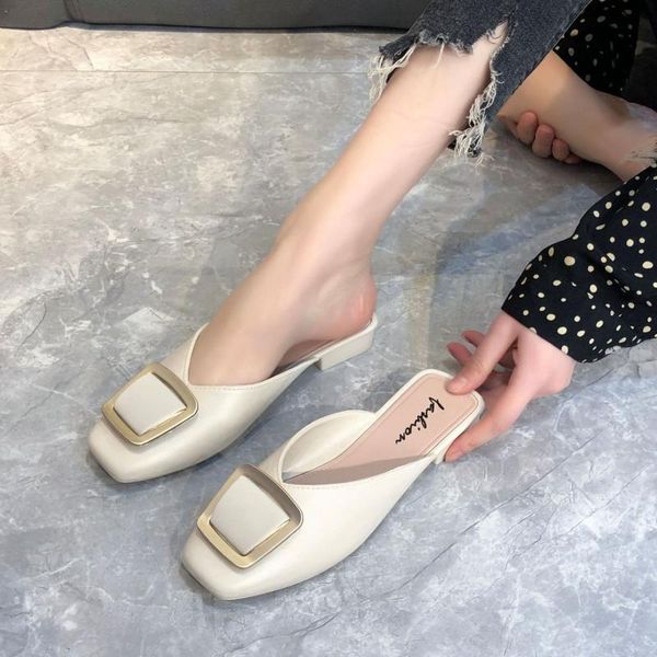 

sandals spring half drag fashion square buckle plastic bag head flat bottom one word lazy imitation pvc women's shoes, Black