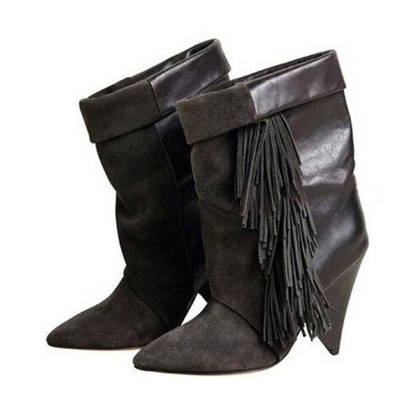 

boots designer shoes woman sapatos femininos balck fringe leather short ankle combat cowboy riding medium spike heels, Black