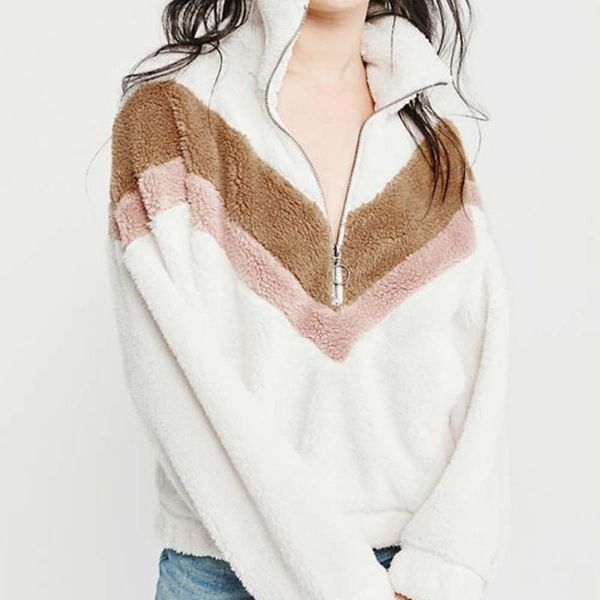 

autumn style women's stitching zipper jacket plush sweater for casual warm and soft all-match wool & blends, Black