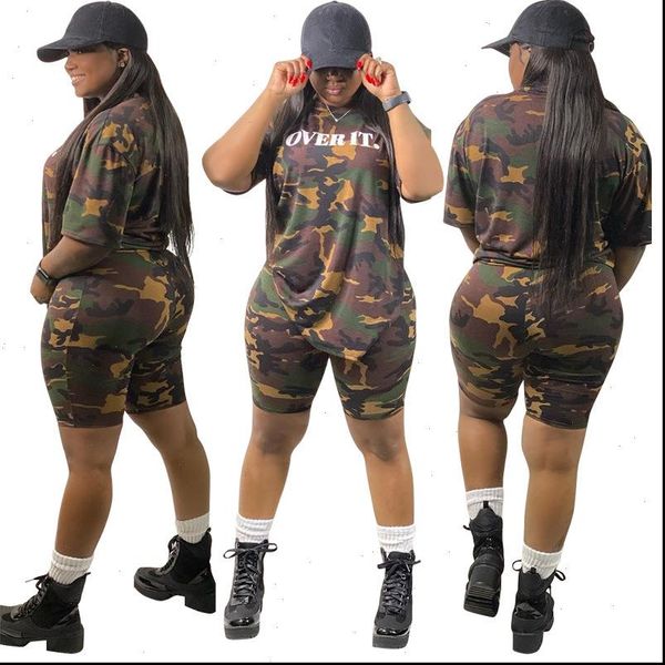 

2 women tracksuits piece short set summer two camouflage letter military style streetwear womens outfit, Gray