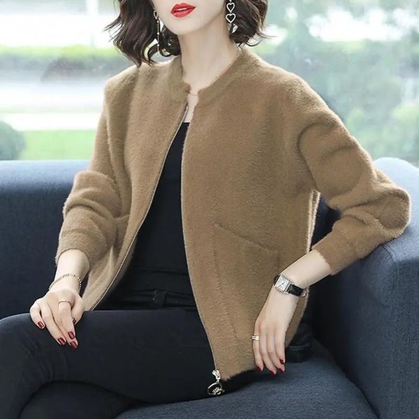 

women's jackets 2021 velvet jacket women spring mom's casual o-neck zipper sweater cardigan basic solid color knitted outerwear fe, Black;brown