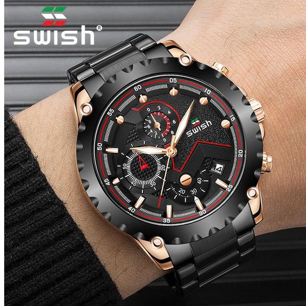 

wristwatches swish watches men business quartz watch stainless steel waterproof chronograph sport wristwatch date male clock, Slivery;brown