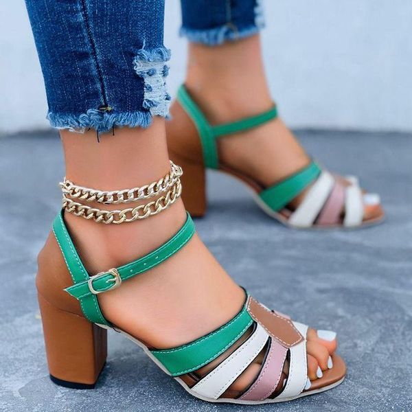 

summer fashion trend sandals women multi leather patchwork square heel peep toe buckle office dress party shoes ladies female, Black