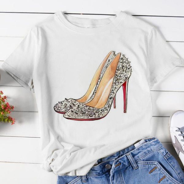 

women's t-shirt crystal high heels graphic print women harajuku aesthetic white tshirt 2021 summer fashion y2k female t shirt