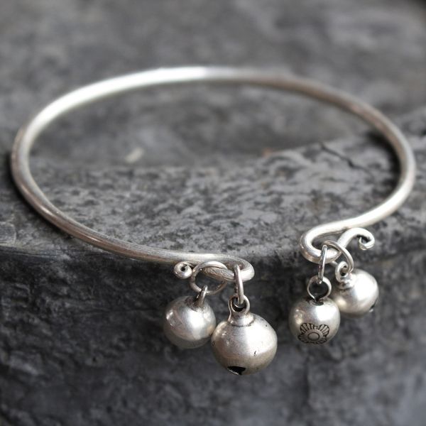 

guizhou hand carved pure miao silver bracelet solid open bell anklet, Red;blue