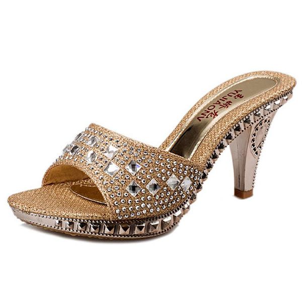

spike heels women pumps high crystal party shoes gold open toe ladies sandals, Black