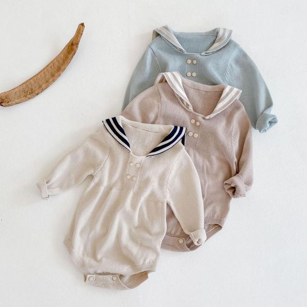 Sonbahar Yeni Bebek Erkek Giysileri Bebek Kız Örme Bodysuit Donanma Yaka Bebek Giyim Saf Pamuk Uzun Kollu Toddler Tulum 210413