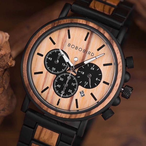 

bobo bird p09 wood and stainless steel watches mens chronograph wristwatches luminous hands sclock drop 210728, Slivery;brown