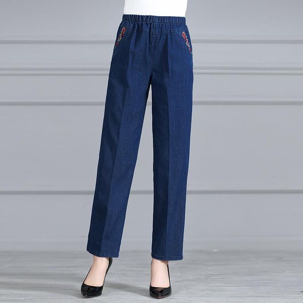 

women's jeans plus size casual pants women winter elastic waist elasticity straight middle aged female high denim 2006, Blue