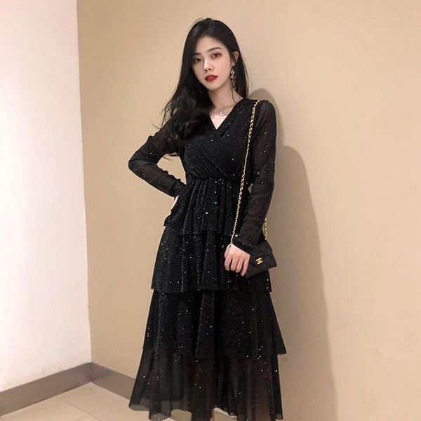 

casual dresses spring and autumn latest korean style loose v-neck dress midi for women vestido de mujer, Black;gray