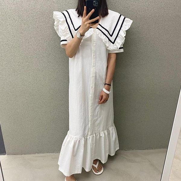 

party dresses summer fashion french vestidos female large lapel contrast color loose puff sleeve hem ruffled midi dress dk973, White;black