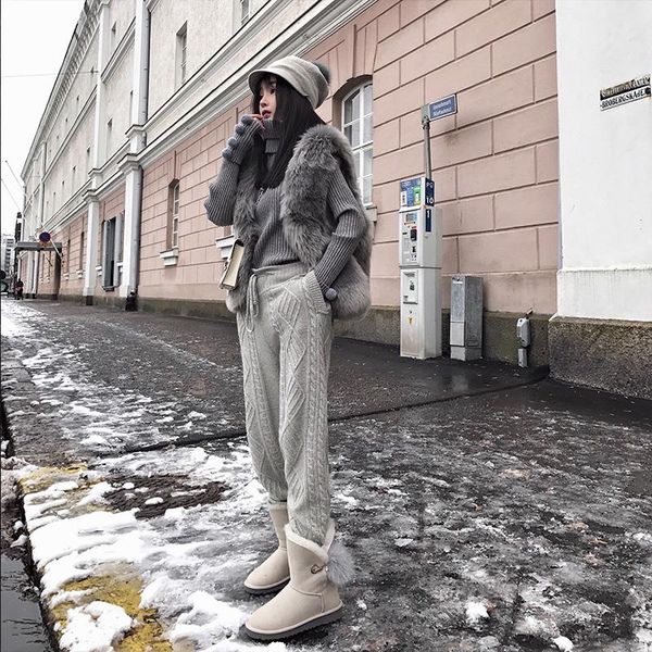 

women pants women's knit trousers loose drawstring none geometric rushed casual mid 2021 spring knitted thread wool female & capris, Black;white