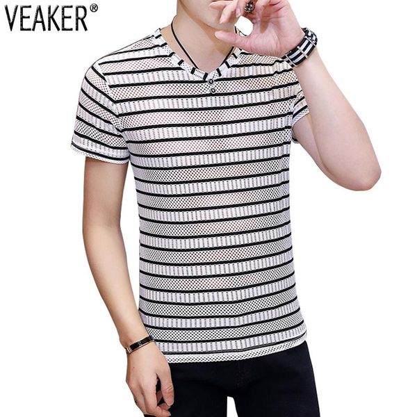 

men's t-shirts 2021 summer striped v neck t shirt male mesh hollow out short sleeve shirts slim fit casual m-3xl, White;black