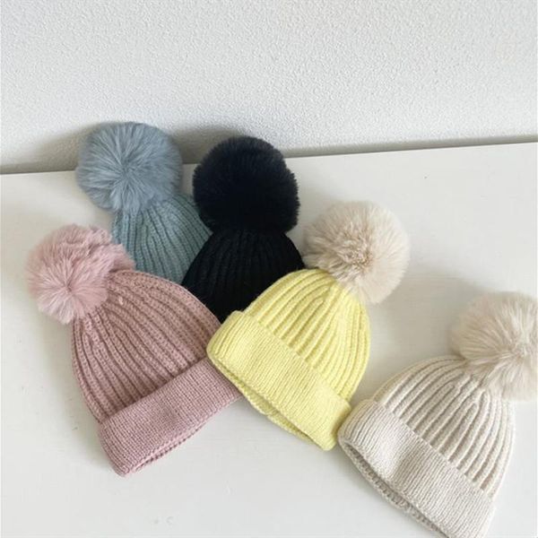 

caps & hats fashion winter warm knitted kids baby thermal ball pompon boys girls children wool beanie cap lovely children's infant, Yellow