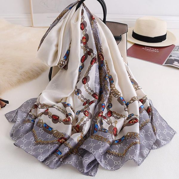 

summer chain print beach hijab fashion sunscreen shawls and wraps women 180x90cm silk scarf female echarpe designer bandana scarves, Blue;gray