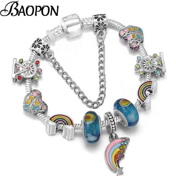 

charm bracelets baopon silver color diy original bracelet with murano rainbow glass beads pendant bangles for women wife gift, Golden;silver