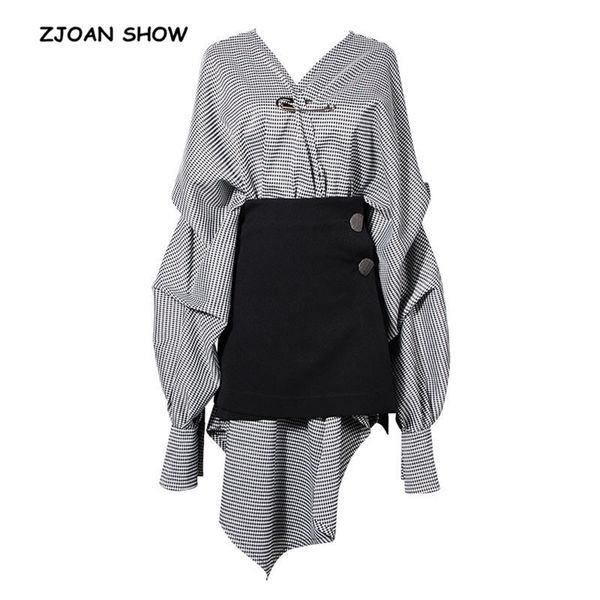 

2 pieces 1 set women fashion v neck check plaid dress + black skirt suit asymmetrical dresses stylish femme vestido 210429, Black;gray