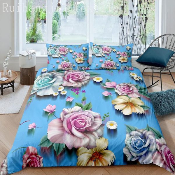 

plant flowers duvet covers 220x240 260x240  2/3pcs blue pink bed cover microfiber linen girls comforter bedding set sets