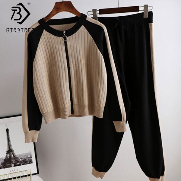 

sweater set women tracksuit spring autumn knitted suits 2 piece set warm zipper sweater pullovers wide legs pants s0n608n 210419, White