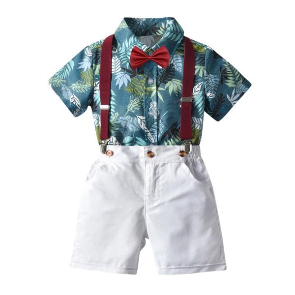 

clothing sets toddler kids baby boys gentleman bowtie floral t-shirt suspenders shorts outfits clothes set kleding jongen, White