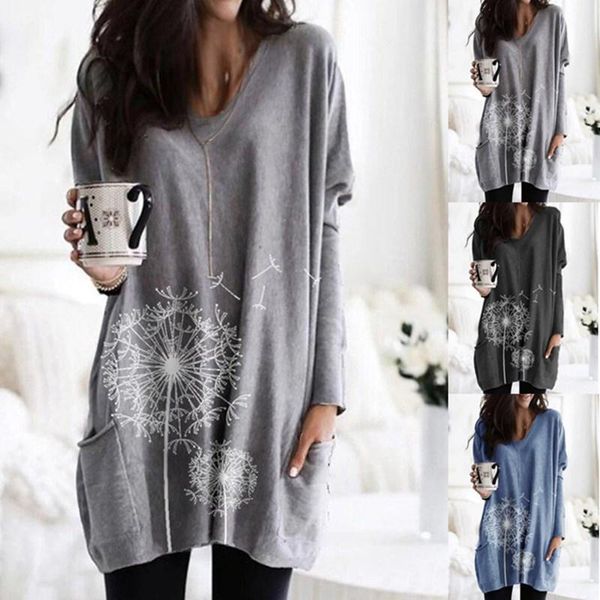 

casual dresses oufisun spring autumn long sleeve women's dress v neck dandelion print fashion loose pocket female mini, Black;gray