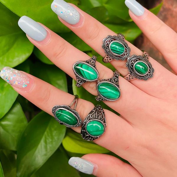 

wedding rings momiji vintage oval natural malachite for women zinc alloy adjustable open jewelry finger ring gemstone party gift, Slivery;golden