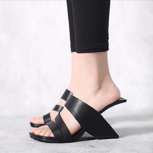 

slippers summer outside european america style fashion wedges strange heels peep toe cut out genuine leather women gladiator, Black